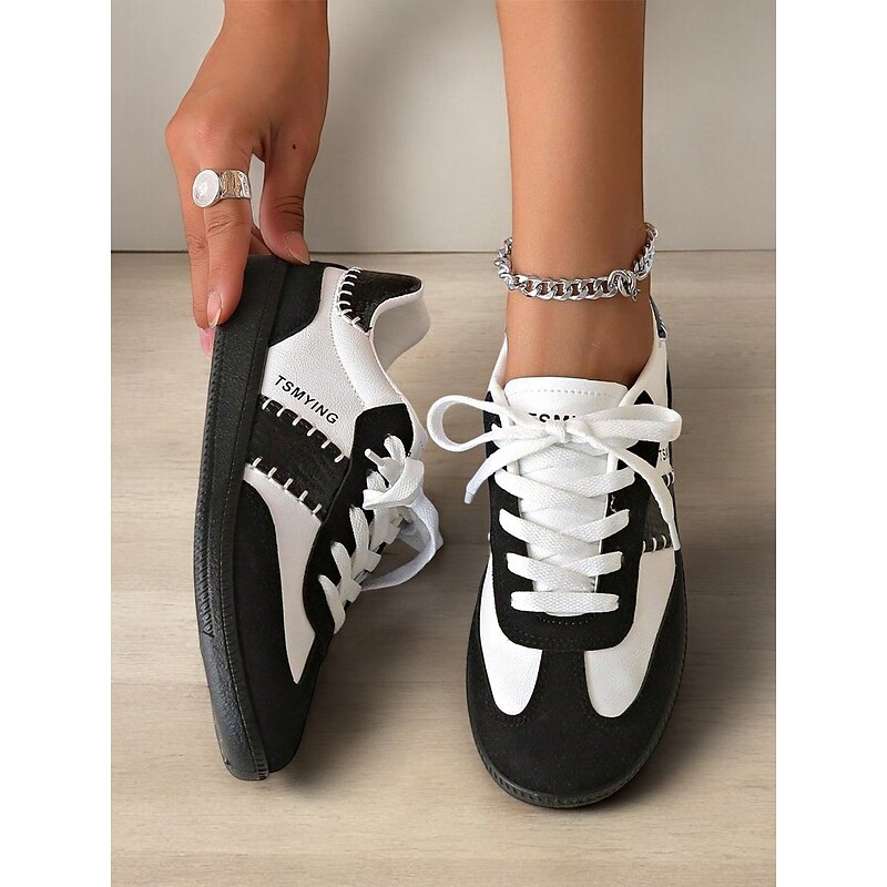 Women's Retro Black and White Lace-Up Sneakers - Casual Low-Top Design with Suede and Fabric Accents, Comfortable Sole for Daily Wear and Sports Activities4