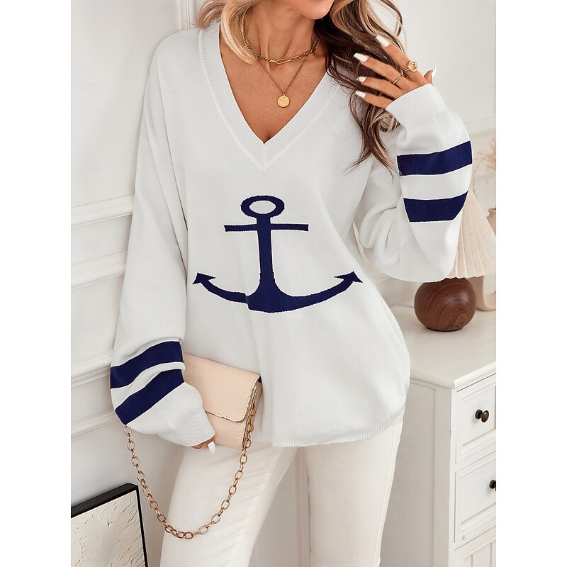 Women's Sweater Elegant Fashion Streetwear Graphic V Neck Knitted Long Sleeve Long Tops Knit Daily Weekend White Fall Winter2