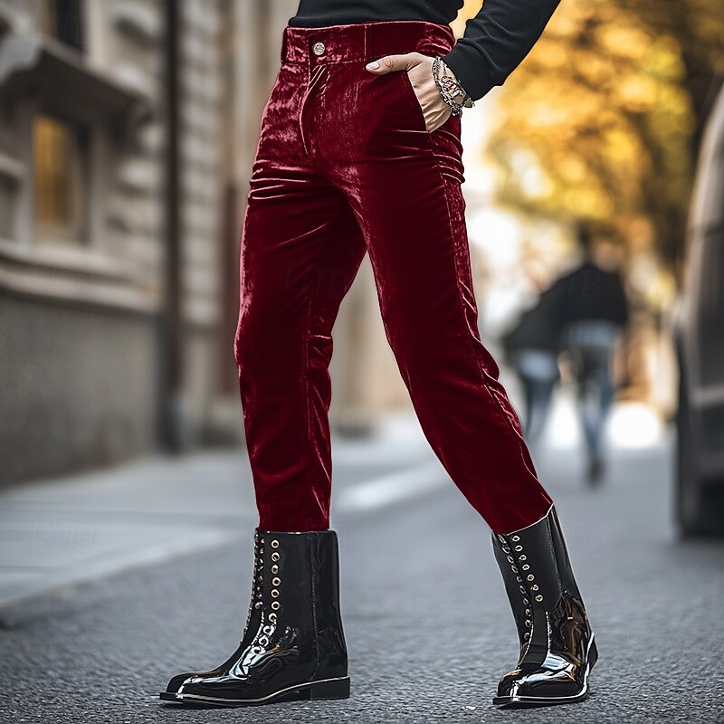 Men's Dress Pants Skinny Trousers Casual Pants Velvet Pants Pocket Plain Comfort Soft Full Length Party Daily Club Fashion Streetwear Black Red