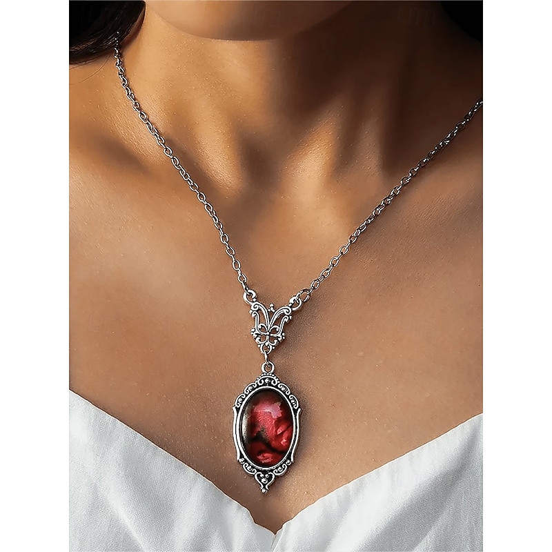Women's Vintage Red Gemstone Pendant Necklace – Elegant Antique Design for Formal Events and Daily Wear4