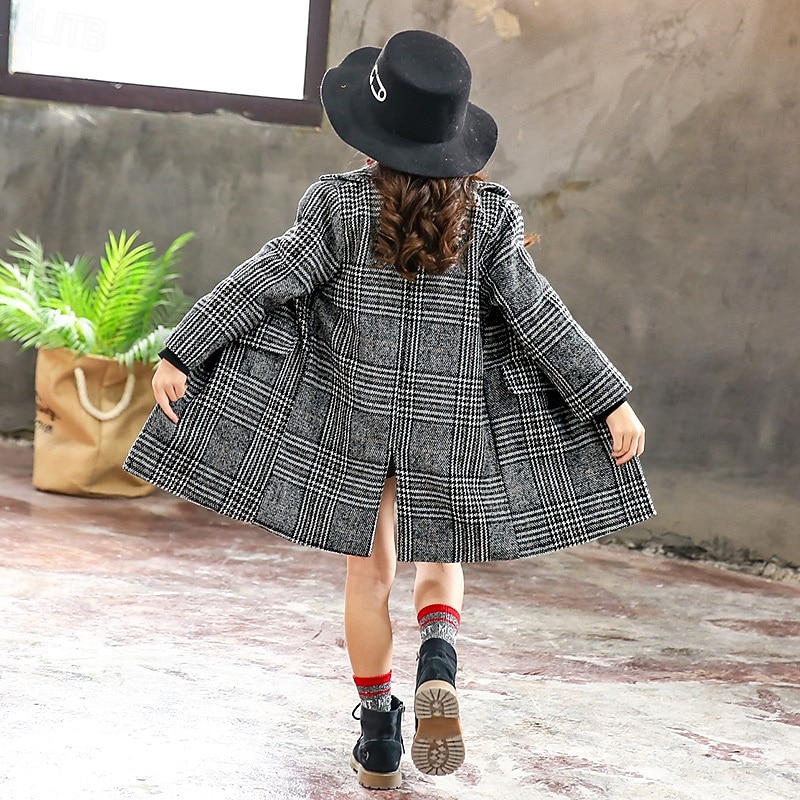 Kids Girls' Woolen Coat Long Sleeve Gray Plaid Button Fall Winter Fashion School 3-7 Years4