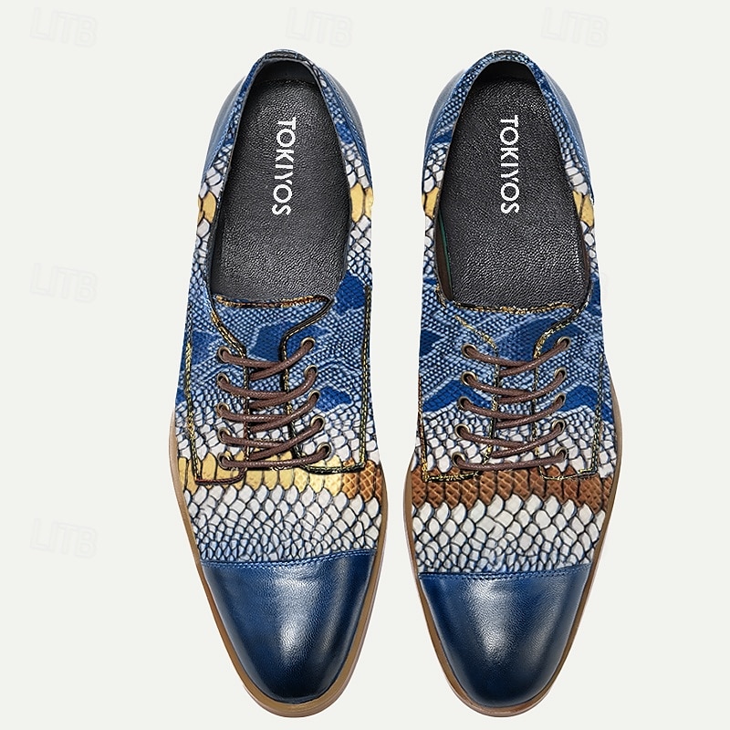 Men's Premium Cowhide Leather Oxford Shoes with Snake Print – Blue Casual Dress Shoes for Formal & Party Occasions2