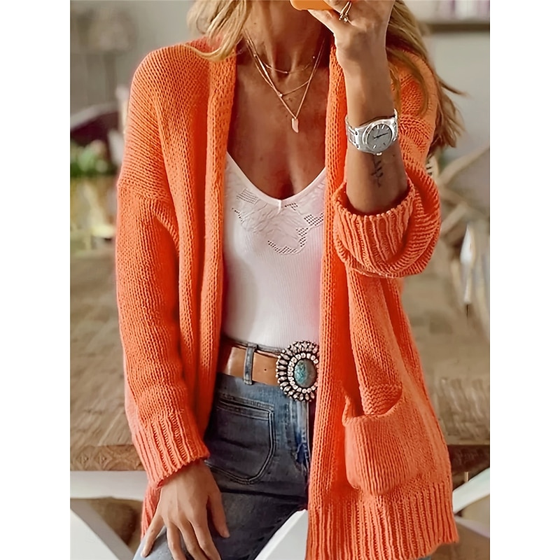 Women's Sweater Cardigan Casual Soft Pure Color Ribbed Open Front Pocket Knitted Long Sleeve Regular Tops Knit Outdoor Daily Weekend Orange Fall Winter