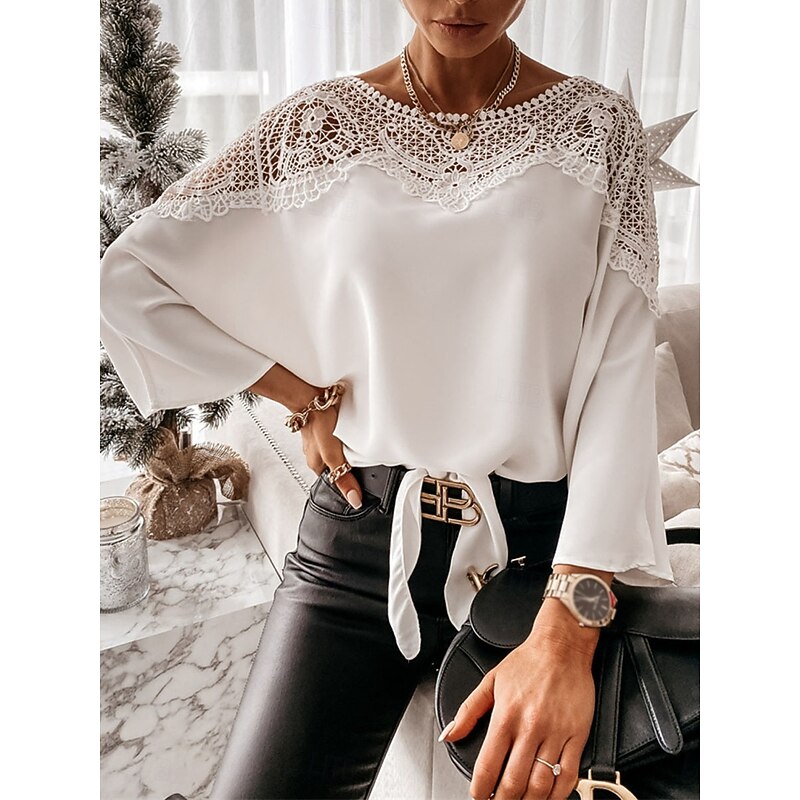 Women's Shirt Blouse Solid Color Basic Casual 3/4 Length Sleeve Crew Neck Regular Tops Daily Lace Patchwork Black White Fall Winter4