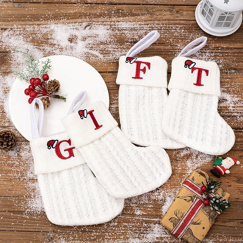 Personalized Mini White Christmas Stockings, Knitted Yarn Socks with Embroidered Letters, Kids Candy Gift Bags, White Christmas Sock Gift Pouches3