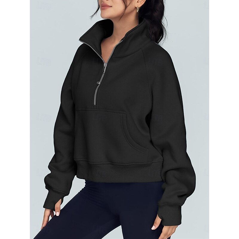 Women's Sweatshirt Casual Plain Street Dailywear High Neck Zipper Long Sleeve Black White Fall Winter3