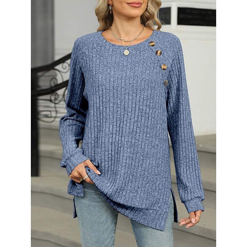 Women's T Shirt Plain Fashion Modern Casual Long Sleeve Crew Neck Regular Tops Daily Weekend Buttons Pink Blue Green Khaki Fall Winter 14