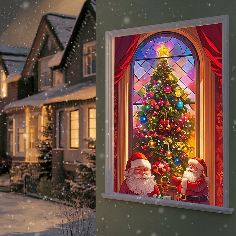 Christmas Window Cover Decorations, Fabric Stained Glass Tree Curtain Movie Poster Window Door Covering Decor for Christmas House, Window Clings Decals Indoor Outdoor
