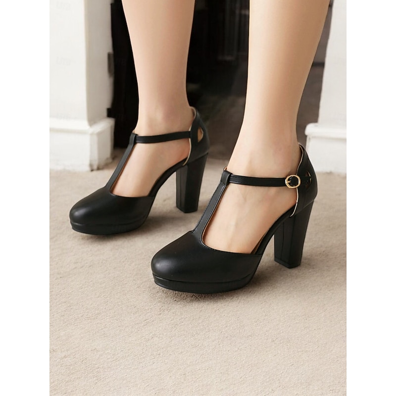 Women's Black T-Strap Platform Heels with Chunky Block Heel – Elegant Closed-Toe Pumps for Formal Events and Parties4