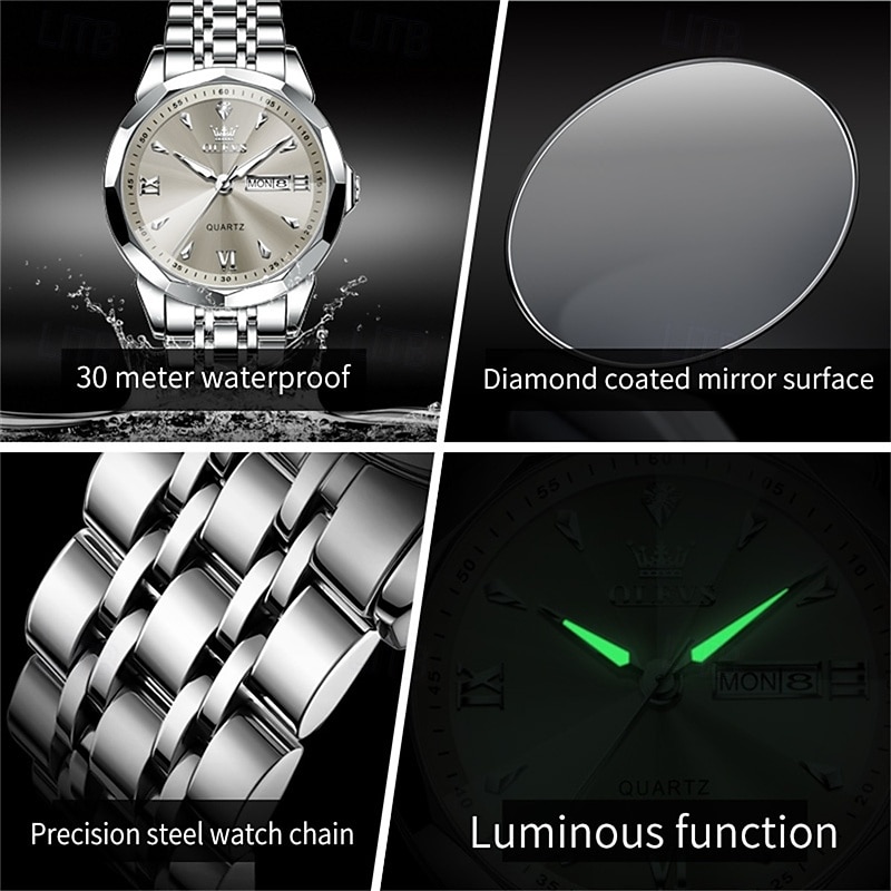 New Olevs Brand Men'S Fashion Trend Steel Belt Watch Diamond Mirror Luminous Calendar Week Display Simple Leisure Quartz Watch Waterproof Sports Watch2