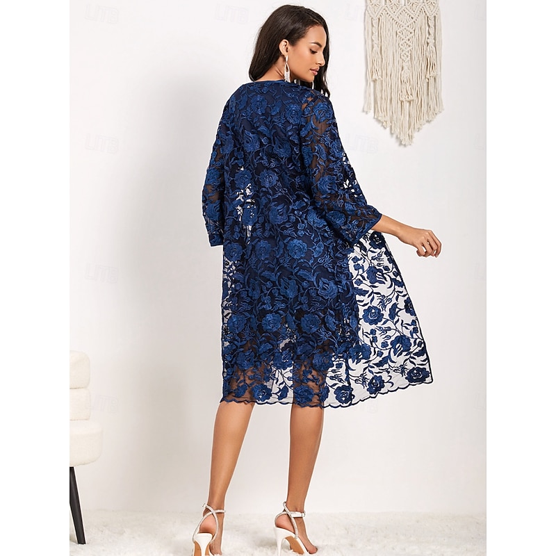 Women's Knee Length Dress Lace Dress Dress With Jacket Elegant Formal Loose Fit Floral 3/4 Length Sleeve Crew Neck Blue Summer Fall4
