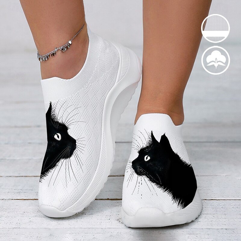 Women's White Slip-On Sneakers with Black Cat Print - Breathable Flyknit Casual Shoes for Everyday Comfort and Style