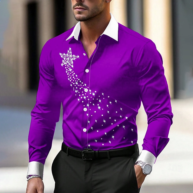 Christmas Men's Pentagram Dress Shirt Button Up Shirt Long Sleeve Casual Party Evening Wear Daily New Year Eve Fall Winter Spring & Summer Shirt Collar Button Up 3D Print Black Red Blue Purple4