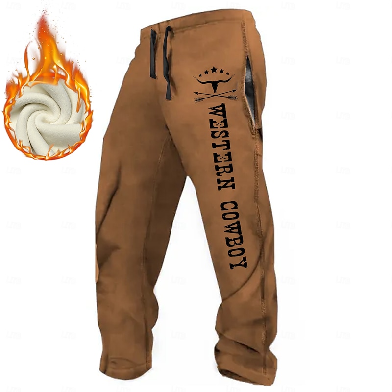Men's Cowboy Joggers Fleece Sweatpants Drawstring Elastic Waist Vintage Casual Outdoor Home Street Pocket Straight Leg Trousers Thermal Winter 3D Print Black White Brown3