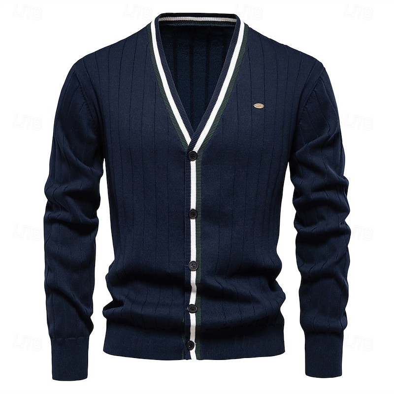 Men's Cardigan Sweater Knit Button Up with White Trim Striped Deep V Knitwear Elegant School Training Clothing Apparel Bishop Sleeve Fall Winter Black Navy Blue S M L4