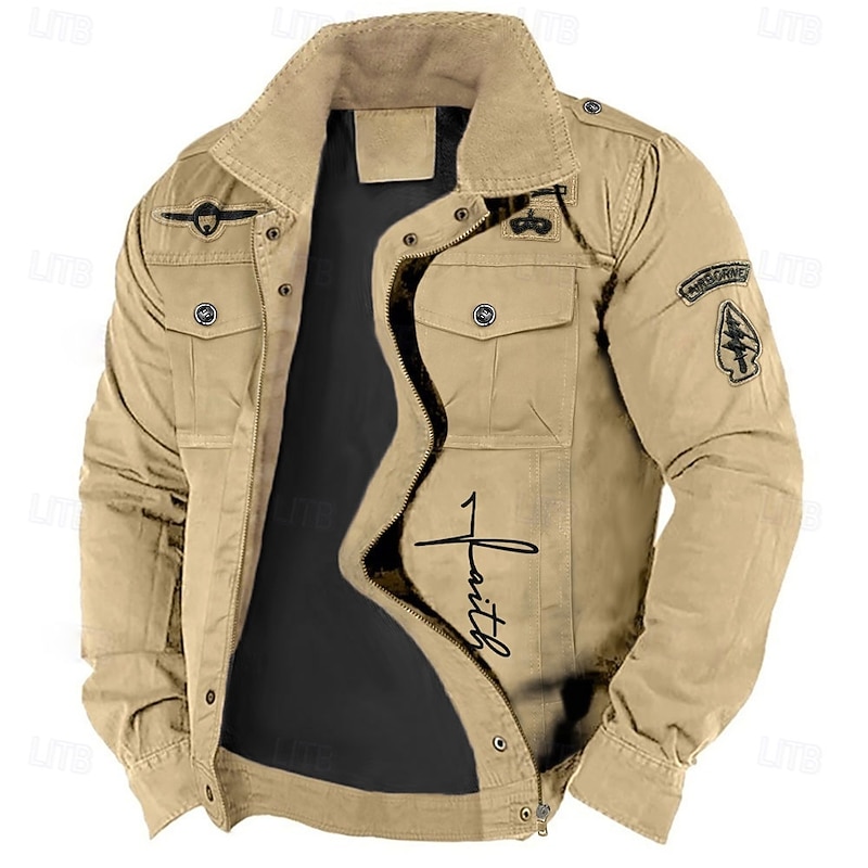 Men's Cotton Embroidered Military Jacket Cargo Jacket with Shoulder Straps Long Sleeve Standing Collar Multi-Pockets Coat Trucker Jacket Faith Letter Print Tactical Outerwear3