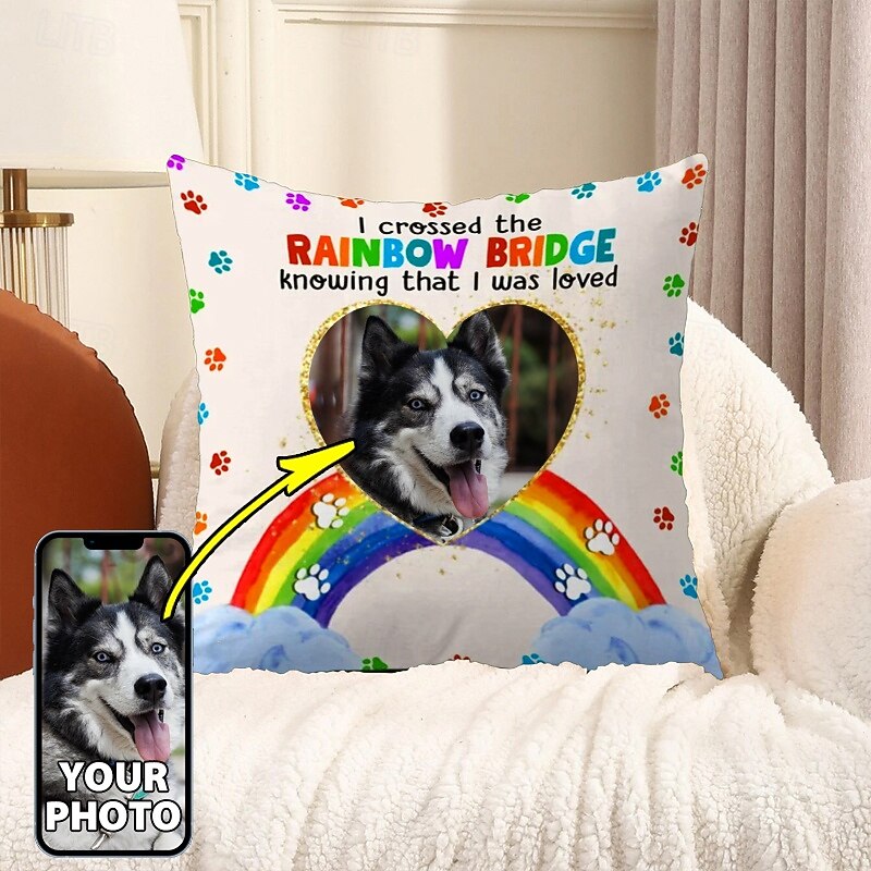 Custom Pet Photo Memorial Pillow Cover Cushion Cover Throw Pillow Sympathy Gift Personalized Memorial Gifts Cross Rainbow Bridge