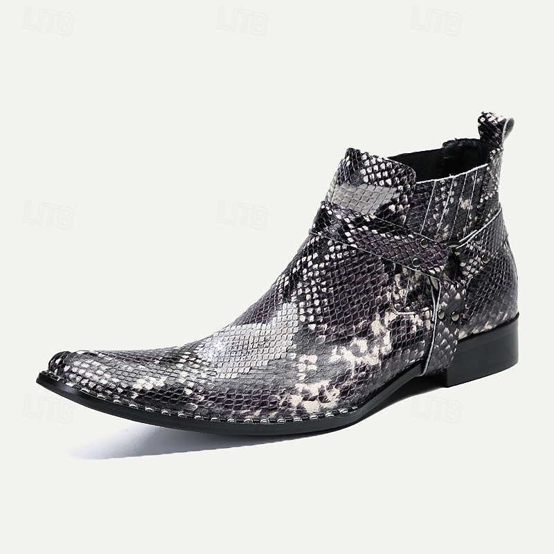Men's Premium Cowhide Leather Ankle Boots with Snakeskin Pattern – Stylish Western Motorcycle Boots for Biker Events and Casual Wear2