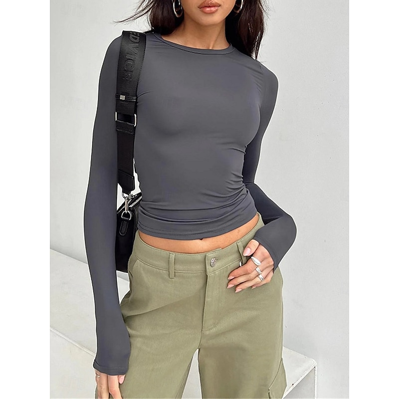 Women's T Shirt Plain Fashion Modern Casual Long Sleeve Crew Neck Regular Tops Daily Weekend Brown Gray Fall Winter