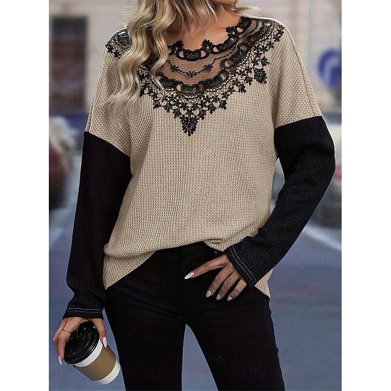 Women's Elegant Lace Tops Eyelet Blouse Fashion Modern Casual Plain Regular Tops Long Sleeve Crew Neck Regular Fit Daily Weekend Romantic Petite Tops Summer Holiday Wear Khaki Fall Winter3