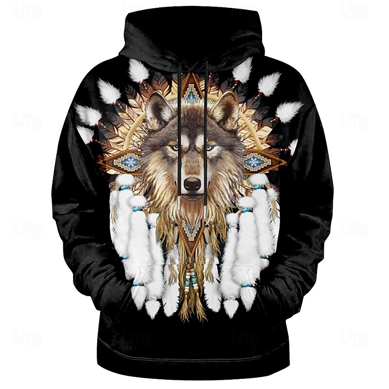 Men's Wolf Hoodie Hoodies Sweatshirt Cool Daily Long Sleeve Hooded Vacation Sports Outdoor Streetwear Black Print Front Pocket Spring &  Fall Designer