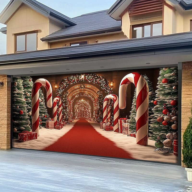 Christmas Door Decorations Garage Door Cover Xmas Candy Canes Gifts Gingerbread Outdoor Banner Large Christmas Backdrop for Holiday Outdoor Garage Door Home Wall Decorations 10