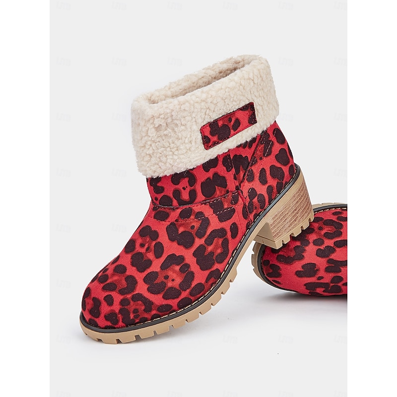 Women's Red Leopard Print Winter Boots with Faux Fur Lining and Chunky Heel – Warm and Stylish Snow Boots4