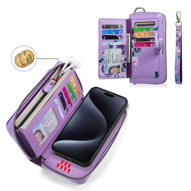 Phone Case For iPhone 17 Pro Max 17 Air 16 15 14 Pro Max Plus 13 12 11 Pro Max Mini Back Cover Wallet Case Zipper with Wrist Strap Card Slot Retro TPU PU Leather4