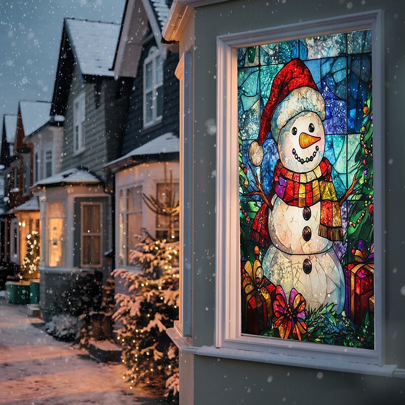 Christmas Window Cover Decorations, Fabric Stained Glass Snowman Curtain Movie Poster Window Door Covering Decor for Christmas House, Window Clings Decals Indoor Outdoor4