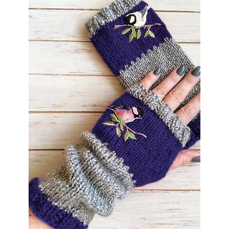 Hand-Knitted Bird Embroidered Fingerless Gloves - Cozy Winter Mittens for Women, Warm Knitted Wool Arm Warmers2