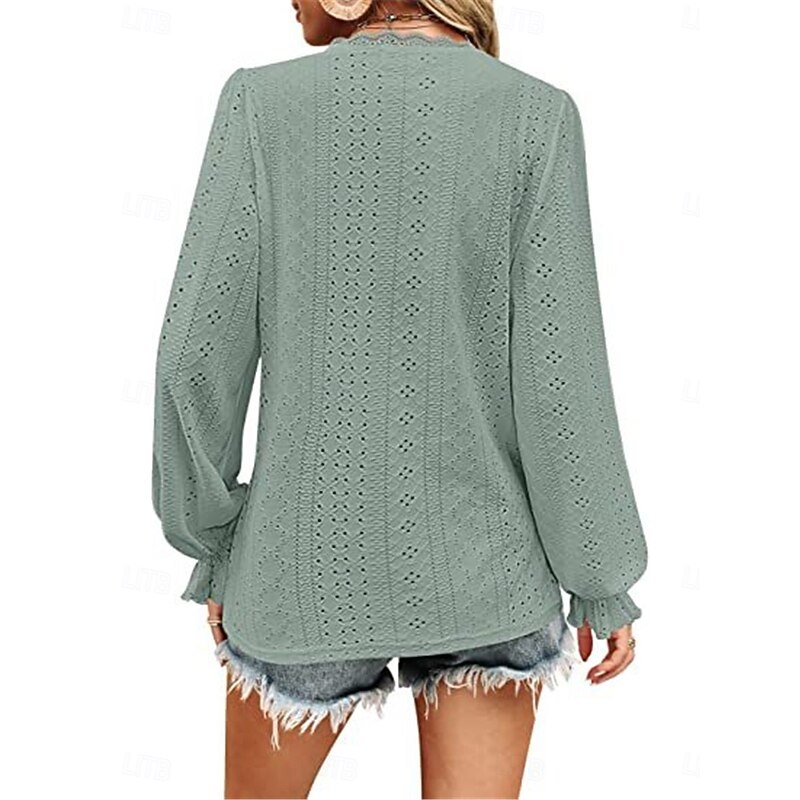Women's Shirt Blouse Solid Color Basic Casual Long Sleeve V Neck Regular Tops Daily Lace Eyelet Light Green Pink Fall Winter4