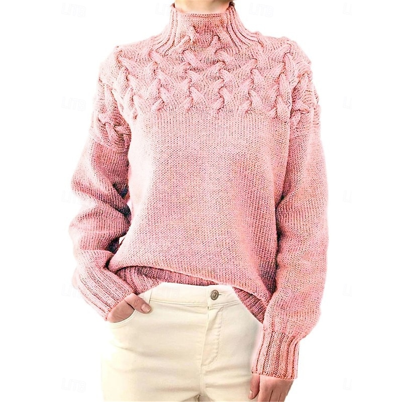 Women's Sweater Pullover Sweater Jumper Casual Soft Pure Color Ribbed Turtleneck Knitted Long Sleeve Regular Tops Knit Outdoor Daily Weekend Black Pink Fall Winter3