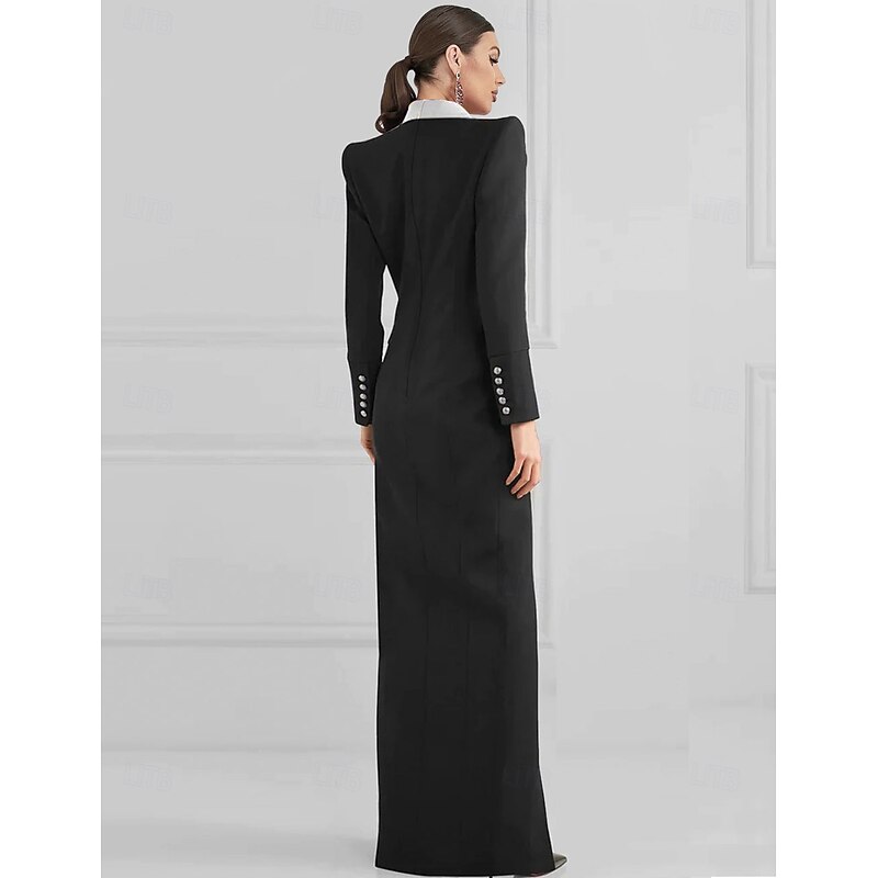 Tuxedo Dress Sheath Formal Wedding Guest Satin Stretch Crepe Elegant Long Sleeve Floor Length Split Thigh Peak Lapel Double Breasted2