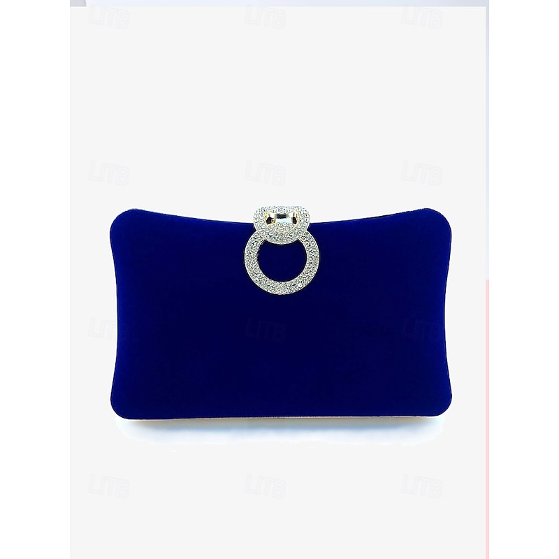 Women's Elegant Blue Velvet Clutch Bag with Rhinestone Ring Handle - Perfect Evening Bag for Weddings, Parties, and Formal Events