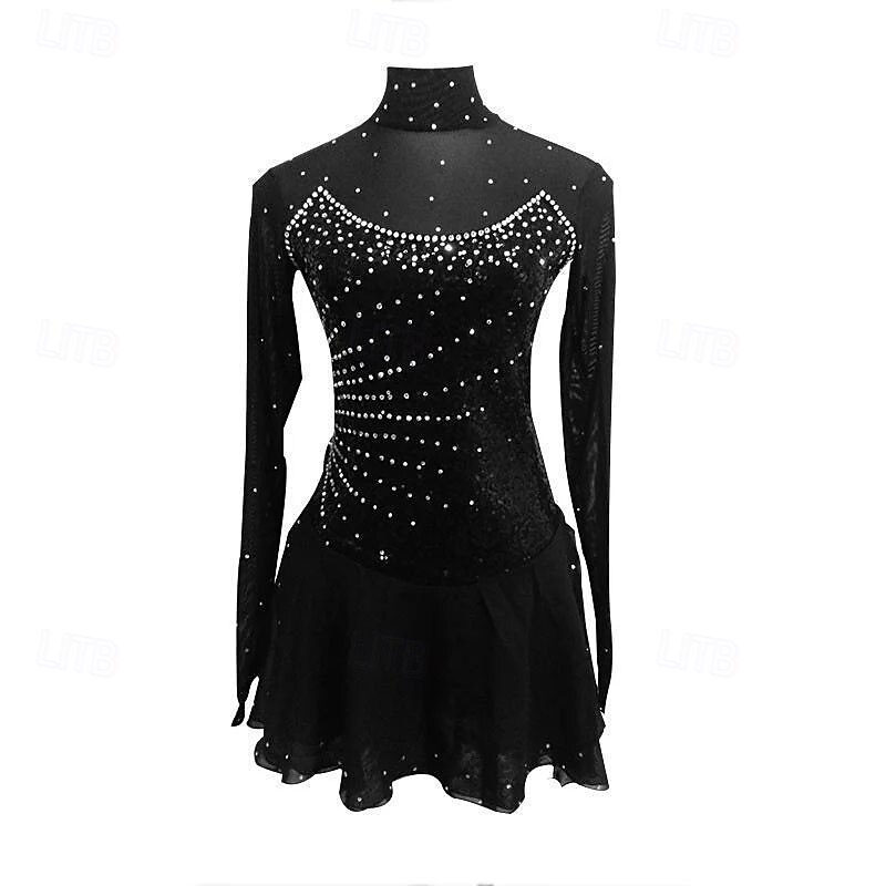 Figure Skating Dress Women's Girls' Ice Skating Dress Black  High Elasticity Training Competition Skating Wear Classic Crystal / Rhinestone Long Sleeve Ice Skating Figure Skating - Main Image