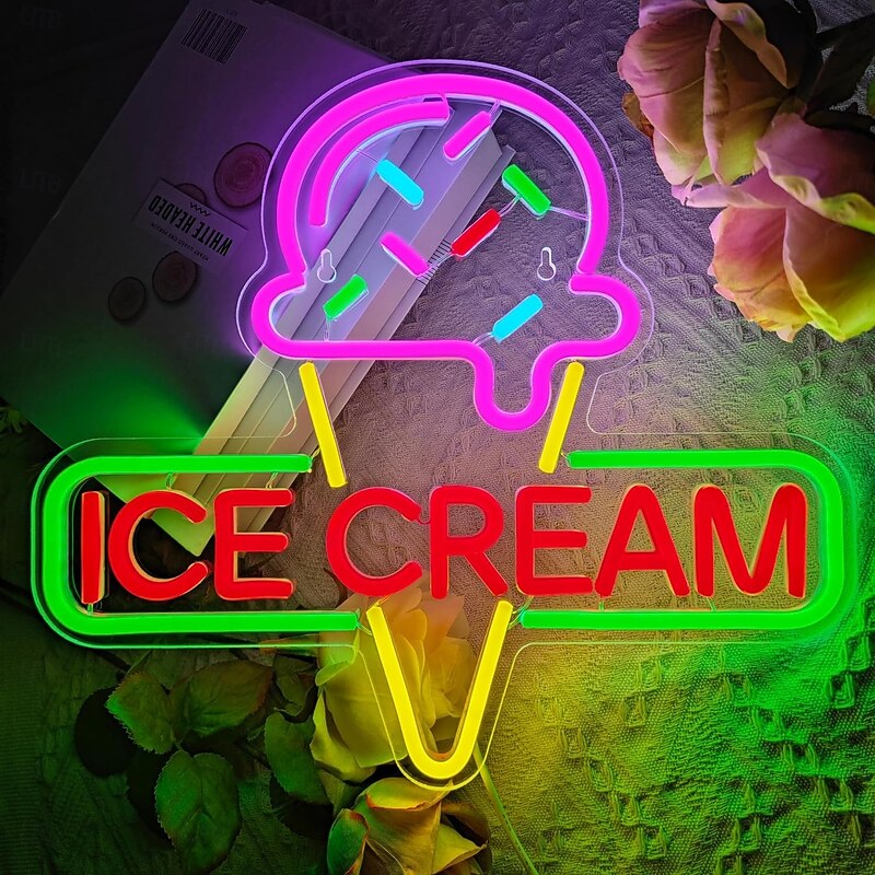 Ice Cream Neon Sign Light, Colorful LED Neon Light, USB-Powered with Brightness Control for Cafe, Shop, Bedroom, Restaurant Wall Decor
