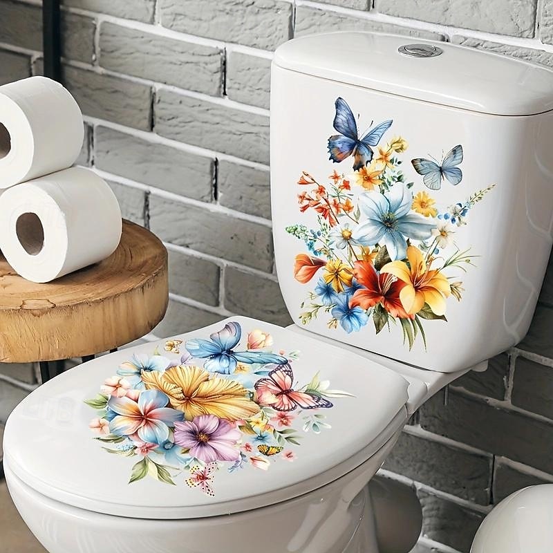 PVC Flower Butterfly Toilet Cover Toilet Tank Decoration Stickers, Waterproof Self-adhesive Removable Bathroom Wall Stickers, Modern Home Decoration