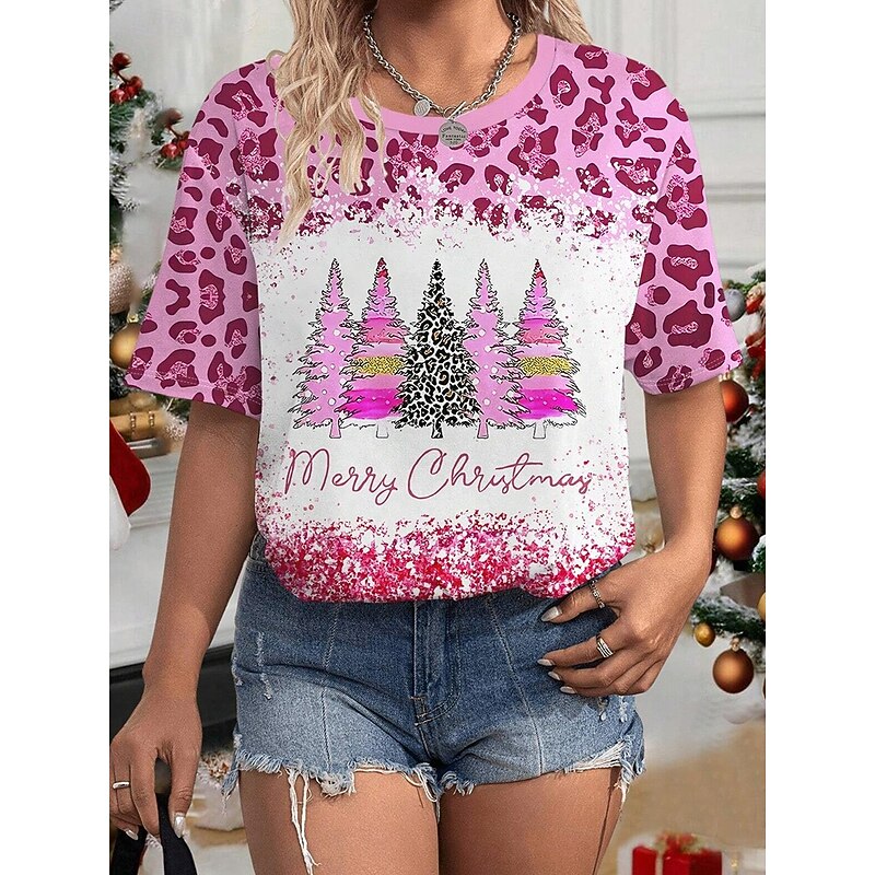 Women's T-shirt Festive Holiday Top Pink Trees Leopard Glitter Merry Casual Round Neck Short Sleeve Comfort Fit Winter Wear Multisize 5
