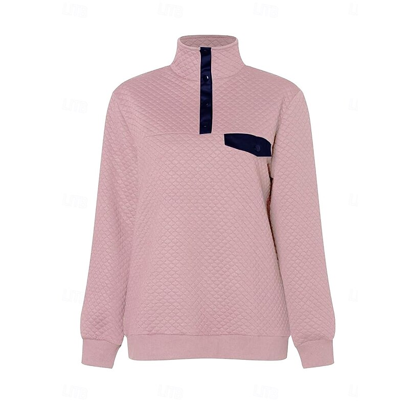 Women's Texture Sweatshirt Waffle Sweatshirt Casual Plain Dailywear Turtleneck Buttons Long Sleeve Black Pink Gray Fall Winter2