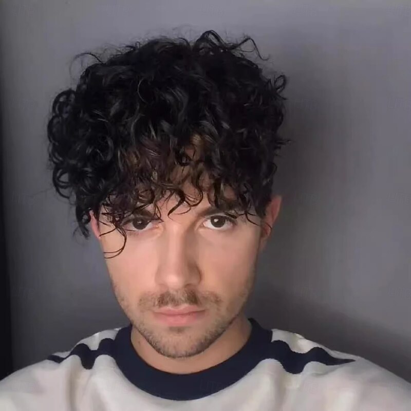 Synthetic Wig Curly Asymmetrical Wig Short Black Synthetic Hair Men's Fashionable Design Soft Natural Black