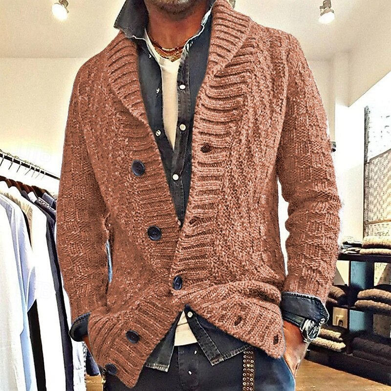 Men's Cardigan Sweater Cropped  Sweater Knit Sweater Ribbed Knit Regular Pocket Solid Color Shawl Collar Fashion Classic Daily Wear Date Clothing Apparel Fall & Winter Navy Blue Brown S M L