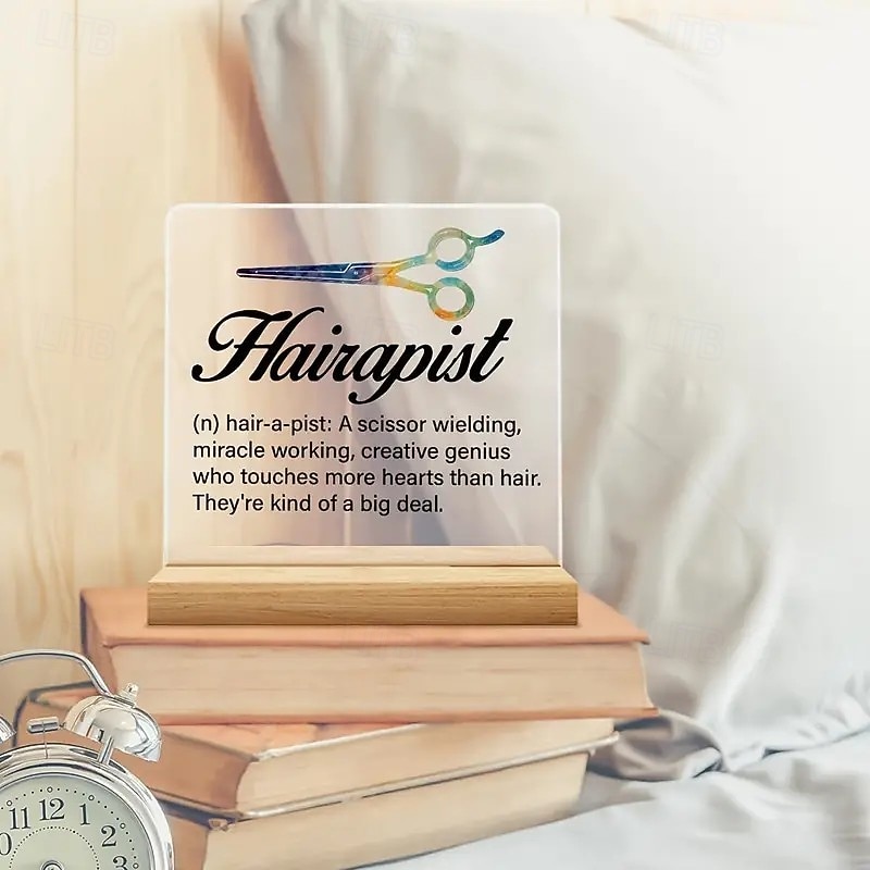 Acrylic Plaque with Wooden Base, Hair Stylist Definition Desk Sign, Creative Scissor Design, Appreciation Gift for Salon Professionals, Horizontal Display2