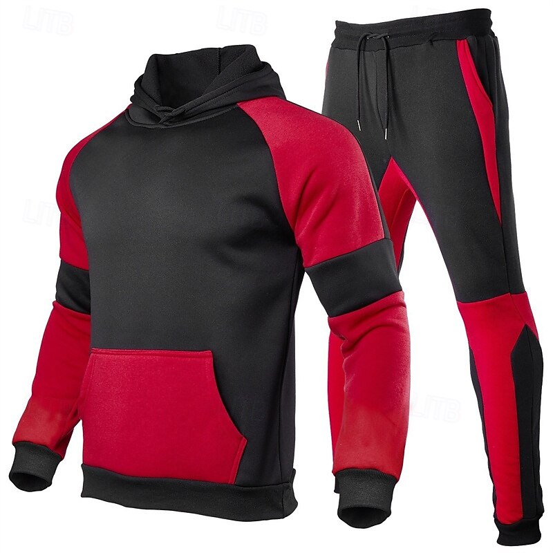 Men's Tracksuit Jogging Suit Drawstring Pocket Color Block Hoodie and Pants Athletic Clothing Set Spring Black Red Gym Workout Jogging Running Soft Breathable Long Sleeve Sport Activewear3