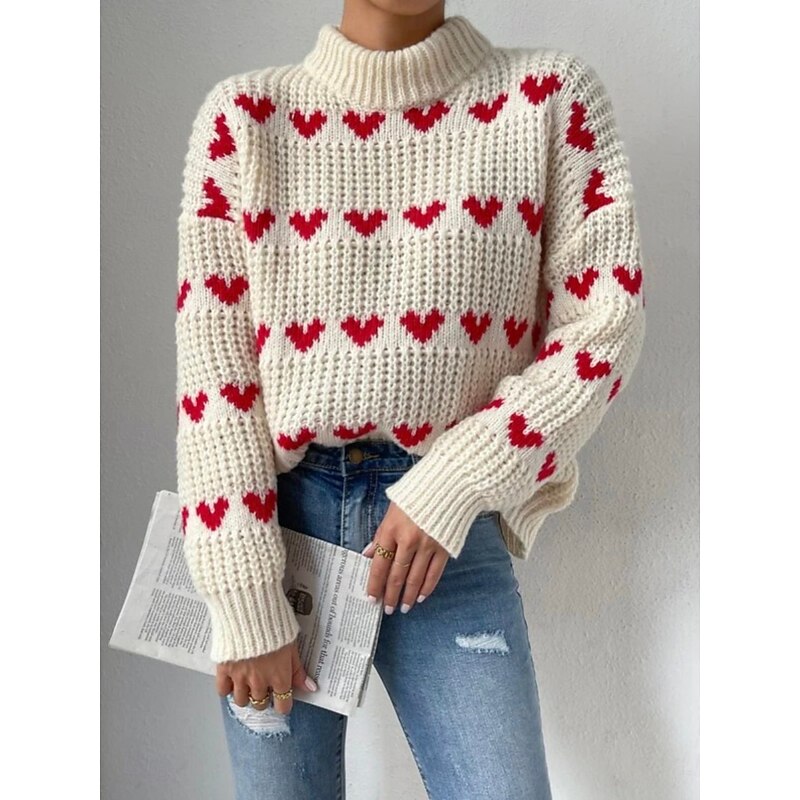 Women's Sweater Pullover Sweater Jumper Casual Soft Heart Ribbed Turtleneck Knitted Long Sleeve Regular Tops Knit Outdoor Daily Weekend Beige Fall Winter3
