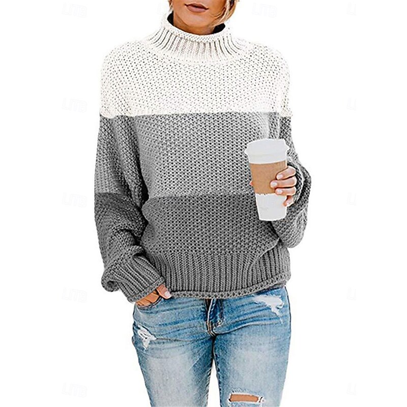 Women's Sweater Pullover Sweater Jumper Casual Soft Striped Ribbed Turtleneck Knitted Long Sleeve Regular Tops Knit Outdoor Daily Weekend White Red Fall Winter2