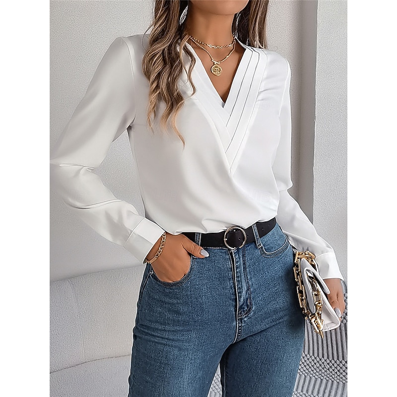 Women's Shirt Blouse Solid Color Basic Casual Long Sleeve V Neck Regular Tops Daily White Pink Wine Fall Winter