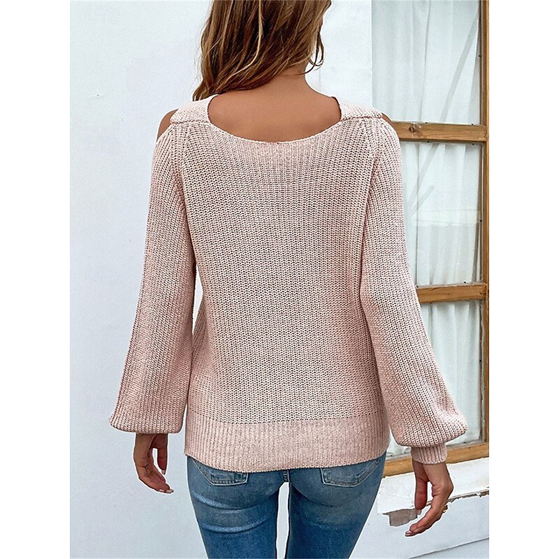 Women's Sweater Pullover Sweater Jumper Casual Soft Pure Color Ribbed V Neck Knitted Long Sleeve Regular Tops Knit Outdoor Daily Weekend Pink Khaki Fall Winter4