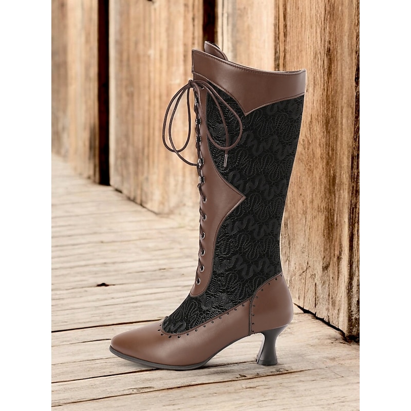 Women's Victorian Lace-Up Mid-Calf Boots – Faux Leather & Lace Steampunk Gothic Costume Shoes for Cosplay, Parties & Special Occasions3