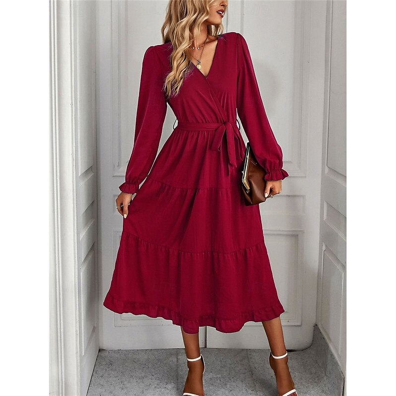 Women's Casual Dress Midi Dress Lace up Ruffle Casual V Neck Long Sleeve Black Pink Red Color2