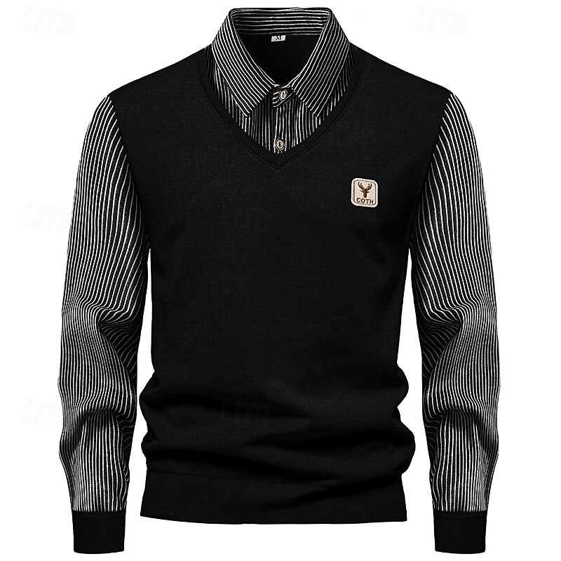 Men's Pullover Sweater Jumper Knit Sweater Mens Dress Sweaters Ribbed Knit Regular Knitted Fake two piece Stripe Shirt Collar Fashion Casual Daily Wear Date Clothing Apparel Fall & Winter Black Blue2